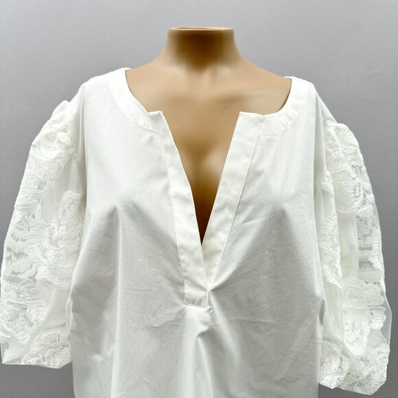 Marc New York White Puff Sleeve Blouse Embroidered Women 2X Tunic Cotton Stretch - Picture 4 of 11